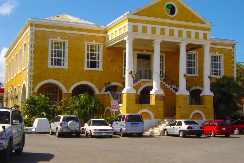 Historic Falmouth Courthouse in Jamaica, featuring its Georgian architecture and central clock tower