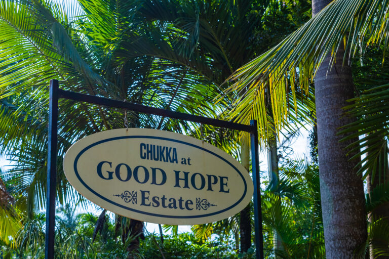 Entrance sign at Good Hope Estate in Falmouth, Jamaica, a former sugar plantation now operated by Chukka for outdoor adventure tours