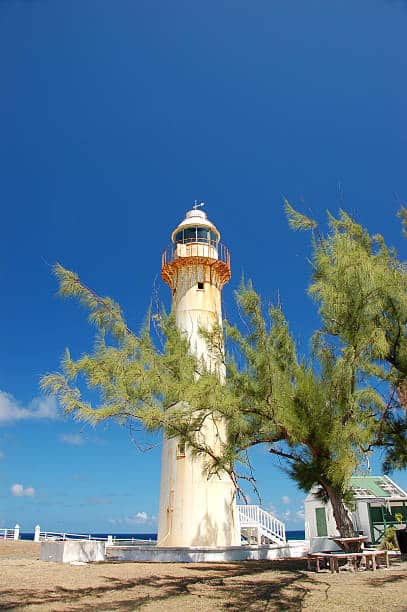 Grand Turk Lighthouse overlooking rugged coastal cliffs and bright blue ocean views on the island’s northern tip