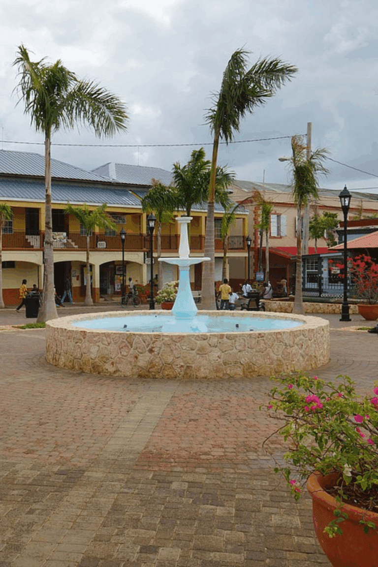 Water Square fountain in downtown Falmouth, Jamaica, a central landmark featured on guided walking tours