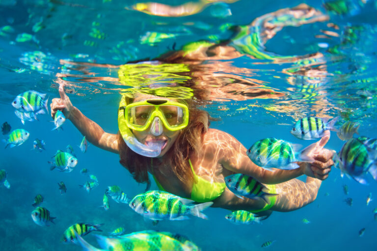 Snorkeler swimming in clear turquoise water, reflecting the marine life and underwater experiences associated with Clifton Heritage National Park