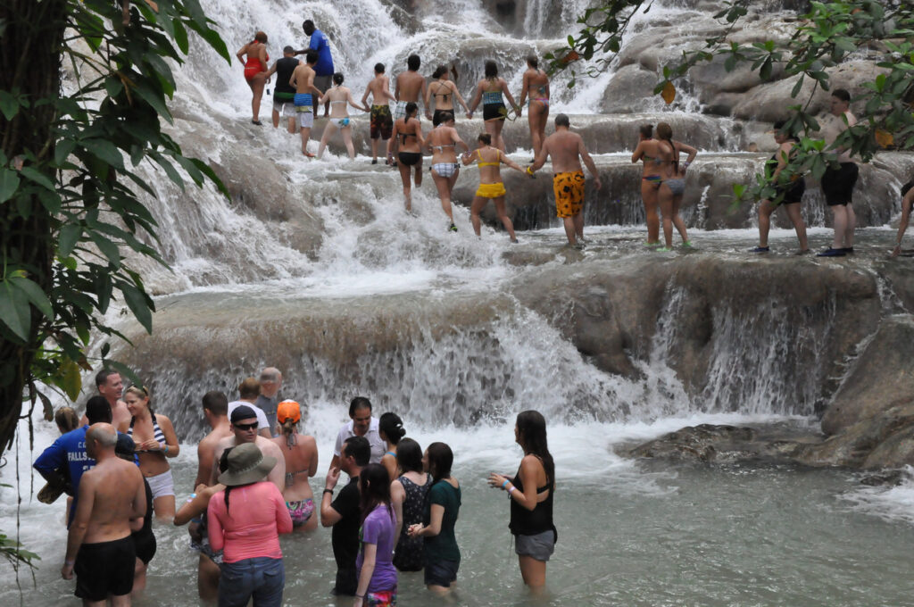 Visitors forming a guided chain as they climb the cascading limestone steps of Dunn’s River Falls in Jamaica, surrounded by rushing water and tropical forest.