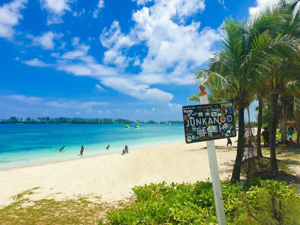Turquoise water and sandy shoreline at Junkanoo Beach near the Nassau cruise port