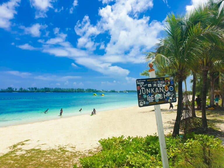 Turquoise water and sandy shoreline at Junkanoo Beach near the Nassau cruise port