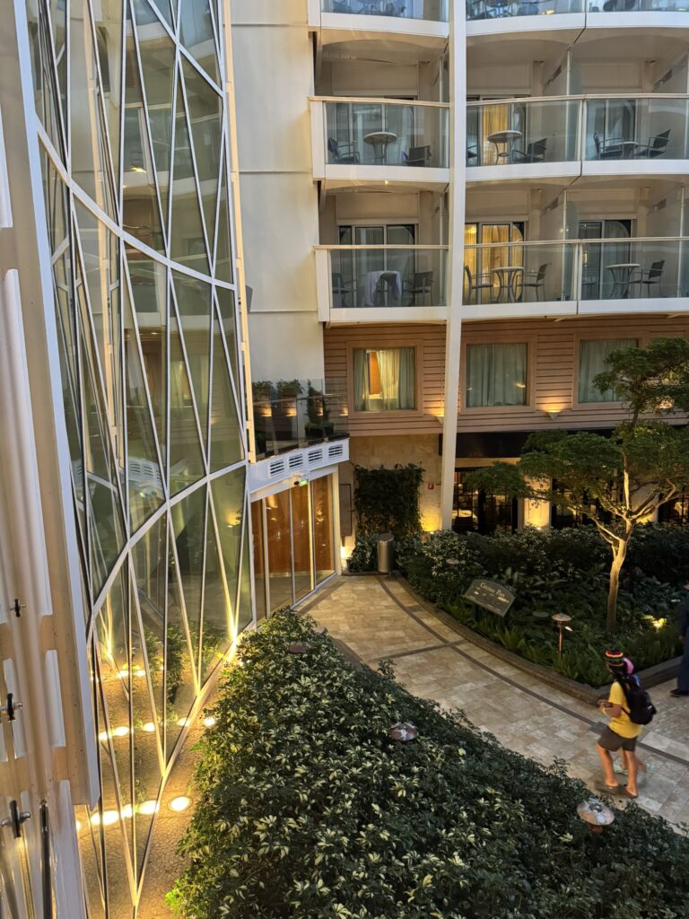 Terrace overlook on Oasis of the Seas with a clear view down into Central Park’s greenery and walkways.