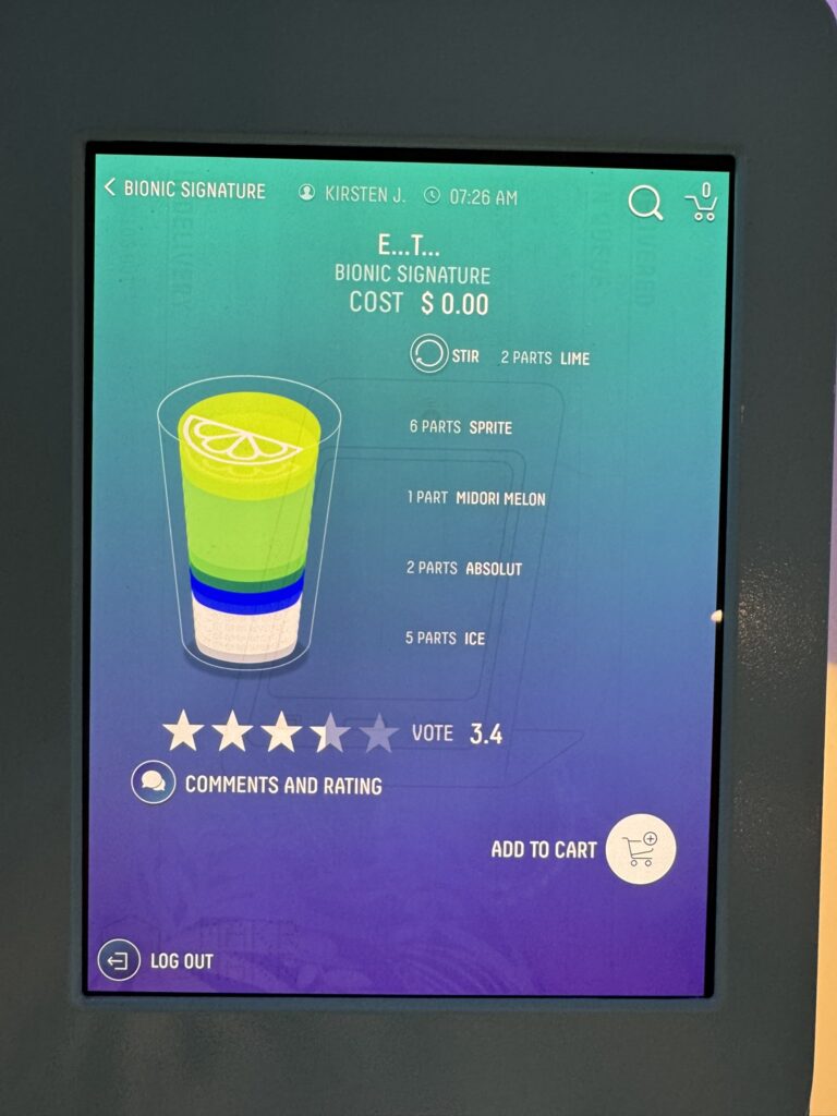 Touchscreen ordering screen at the Bionic Bar on Oasis of the Seas showing a custom drink recipe with ingredients, ratings, and the option to add it to the cart.