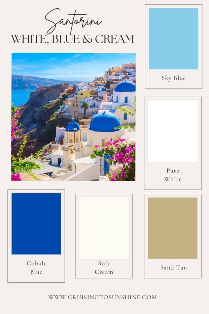 Santorini Mood Board featuring blues, white and cream