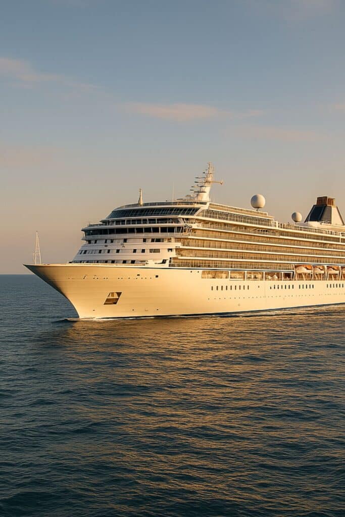 Cruise ship sailing across calm open water, illustrating the peaceful journey described in “preparing for a transatlantic cruise.”