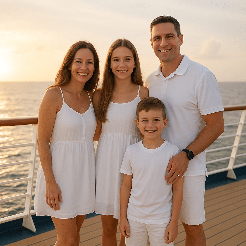 Family dressed in all white on a cruise ship, celebrating together during a white theme night on a cruise.
