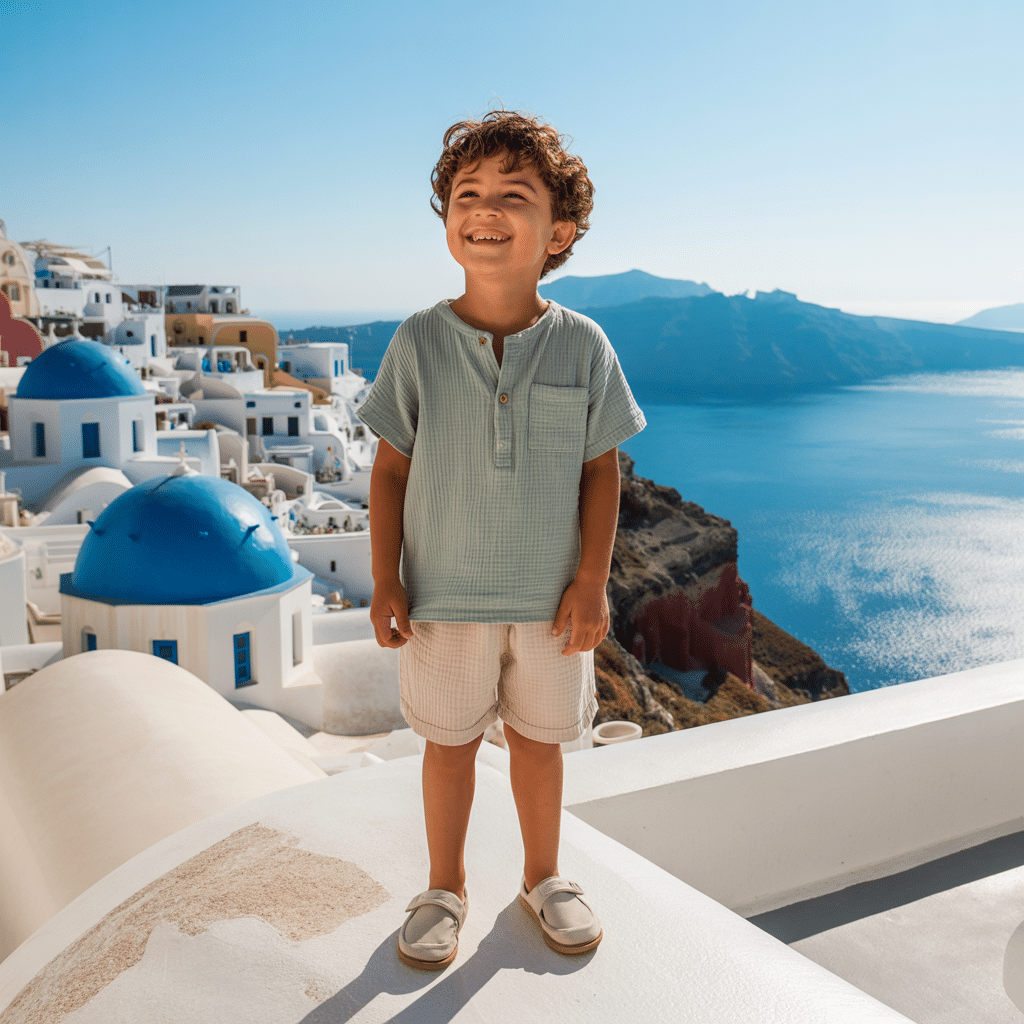 boy in sage Green henley shirt in Santorini, Greece