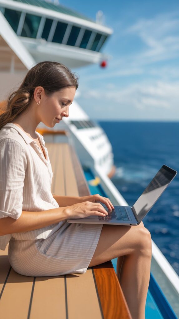 woman using wi-fi on a ship