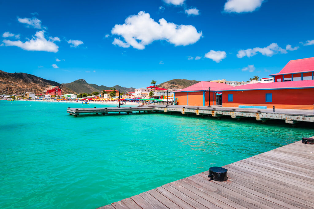 Colorful view of Philipsburg, St. Maarten, with the tender platform in the city center on a bright Caribbean day.
