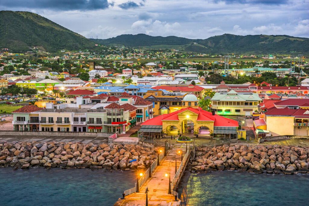 A view of Basseterre’s colorful waterfront and town skyline along the Port Zante cruise harbor in St. Kitts.