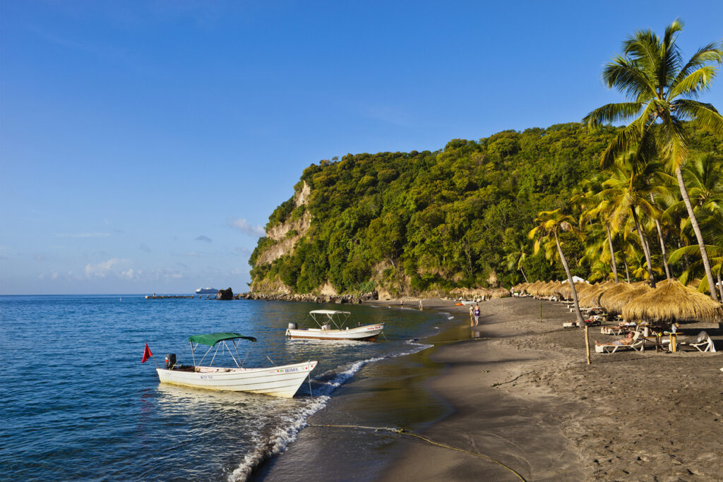 Shallow reef area along the shoreline at Anse Chastanet, showing calm water ideal for snorkeling in St. Lucia.