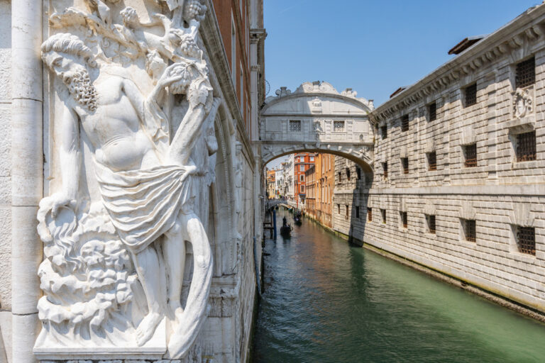 Bridge of Sighs between the Doge's Palace and the prison Prigioni Nuove of Venice in Italy.