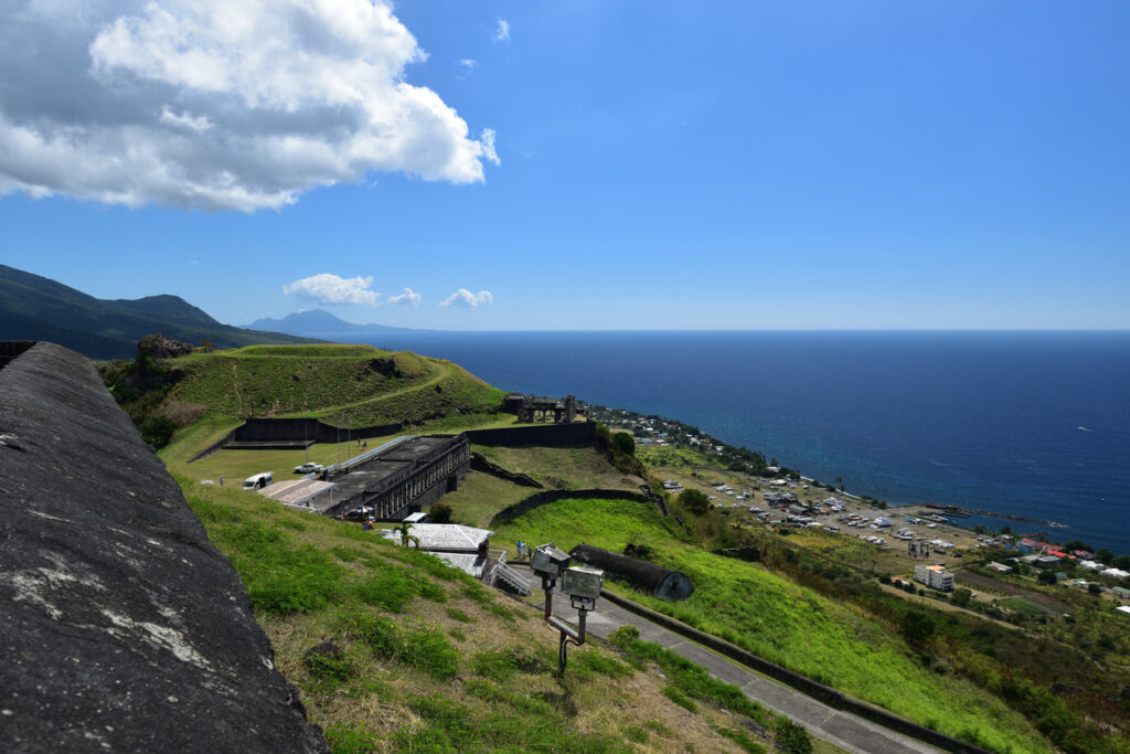 Panoramic view of the Caribbean Sea from Fort George at Brimstone Hill Fortress in St. Kitts.