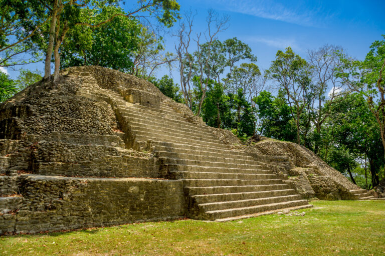 Cahal Pech Mayan Ruins in Belize with shaded courtyards and ancient stone structures