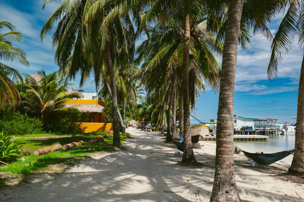 Colorful waterfront and turquoise water on Caye Caulker during a day trip from Belize City
