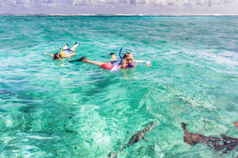 Snorkelers exploring the reef near Caye Caulker in Belize, a popular island close to the Belize Barrier Reef
