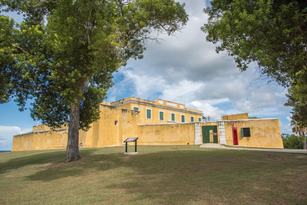 Fort Christiansvaern’s bright yellow walls overlooking the waterfront at Christiansted National Historic Site in St. Croix.