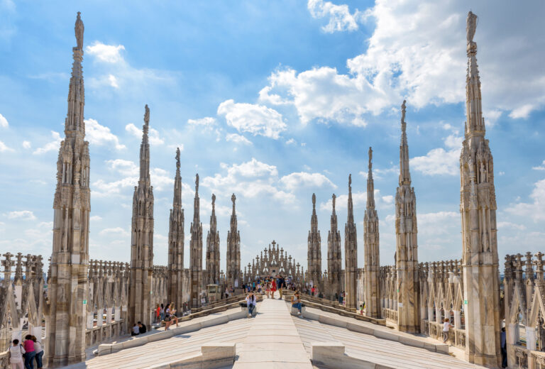 roof of the Milan Cathedral (Duomo di Milano). Milan Duomo is the largest church in Italy and the fifth largest in the world.