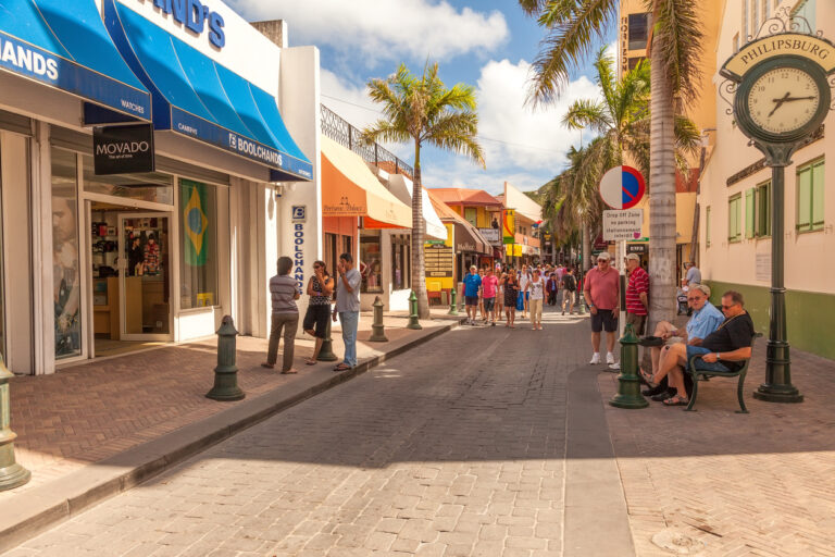 Shops and colorful storefronts along Front Street in Philipsburg, St. Maarten’s main duty‑free shopping district.