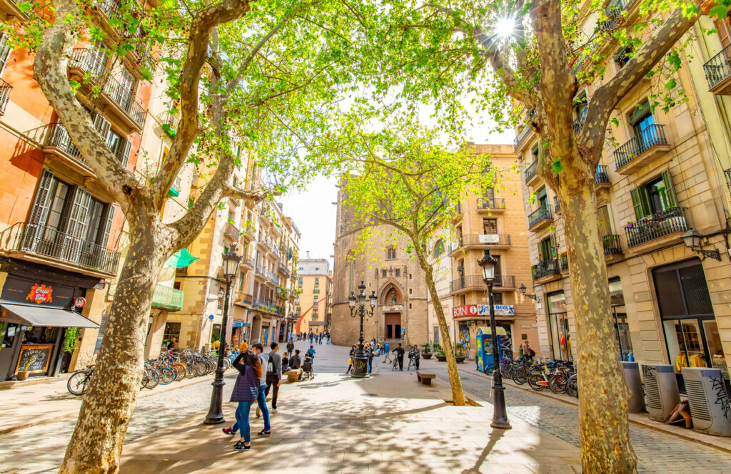 Central alley Passeig del Born in El Born district, Barcelona, Spain