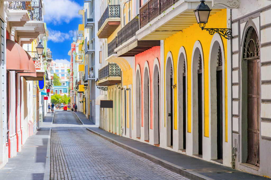 Colorful cobblestone streets and pastel buildings in Old San Juan, Puerto Rico.