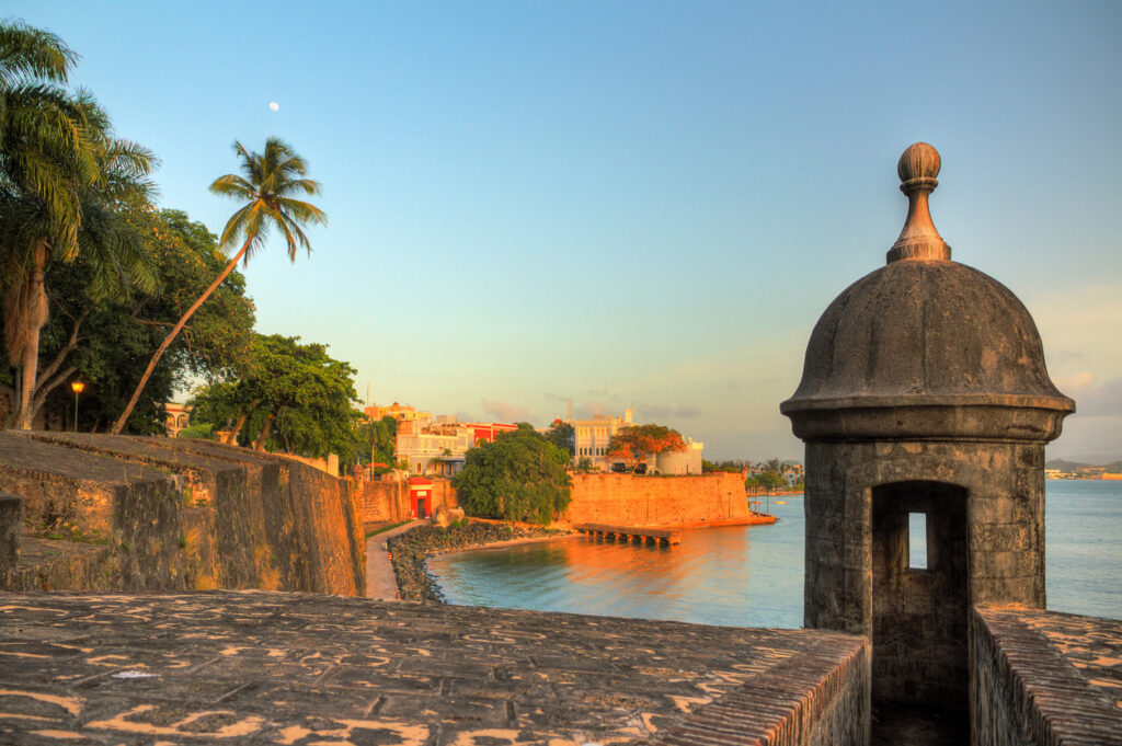Outer wall and sentry box of Castillo San Felipe del Morro in Old San Juan on a bright summer afternoon.