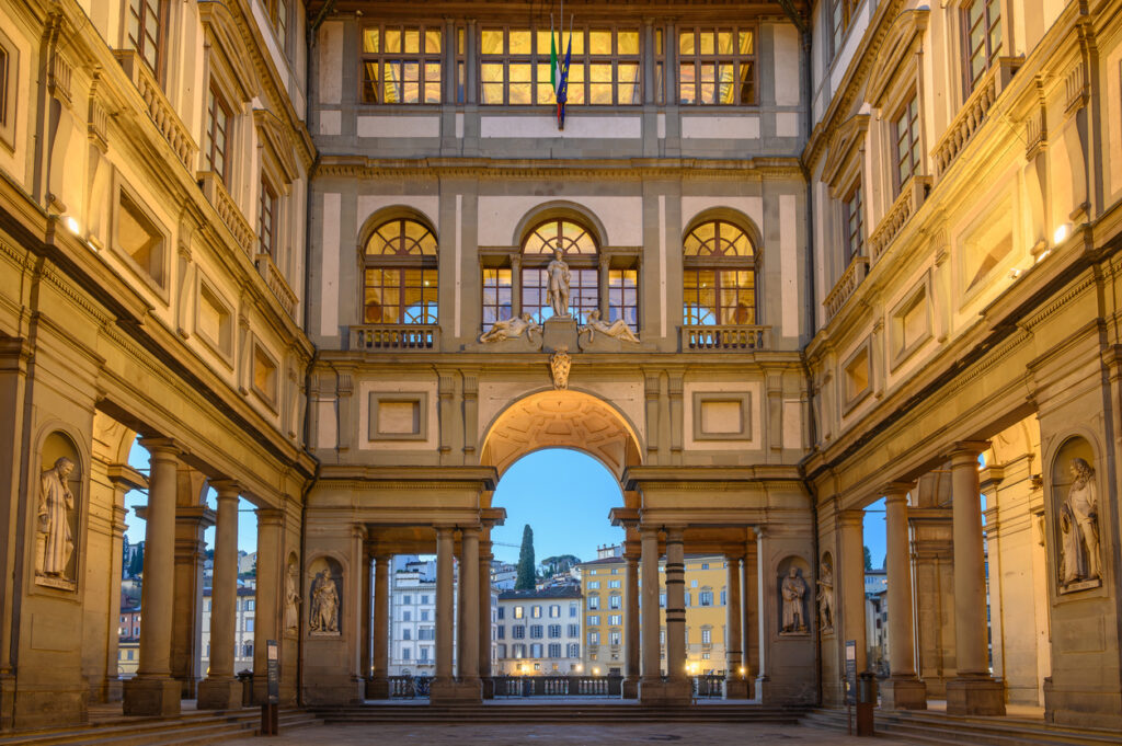 Exterior courtyard of the Uffizi Gallery in Florence, Italy.