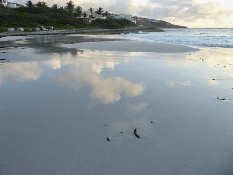 Sunrise at Guana Bay with shallow water reflecting the sky and clouds along the quiet shoreline.