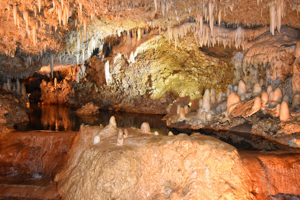 Harrison’s Cave Barbados with illuminated stalactites, stalagmites, and underground pools