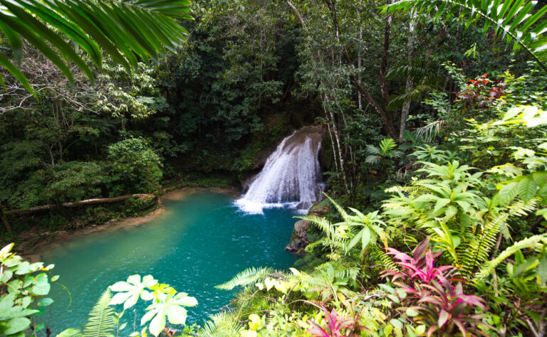 A small waterfall flowing into the bright turquoise pool at Irie Blue Hole in the hills above Ocho Rios, surrounded by lush tropical greenery.