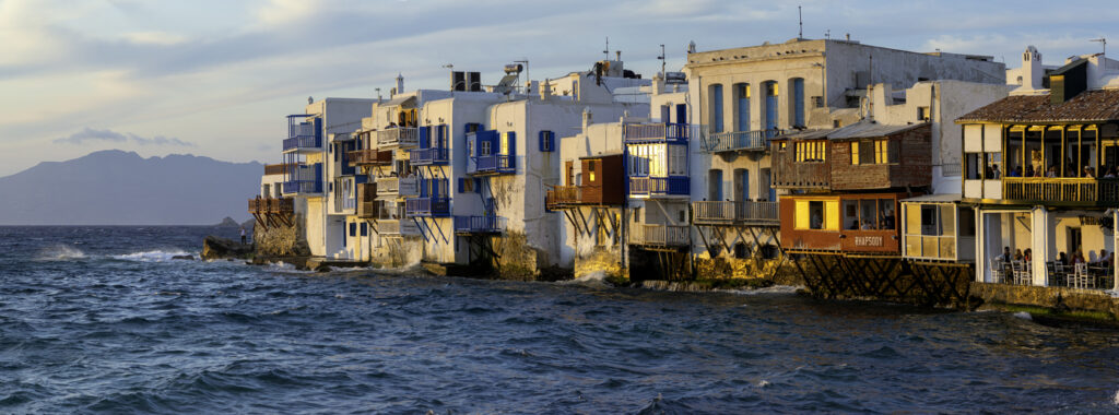 Sunset over the Little Venice waterfront, Mykonos, Greece