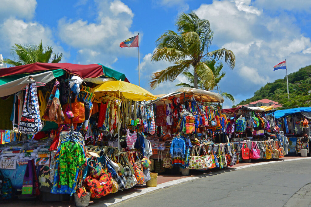 Colorful stalls at Marigot Market on the French side of St. Martin along the waterfront