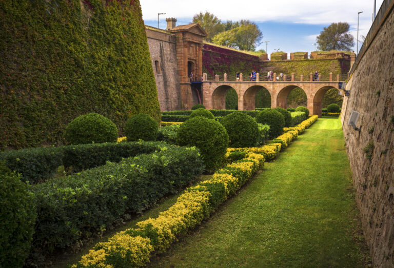 lush outdoor gardens at the Castell de Montjuïc in Barcelona, Spain