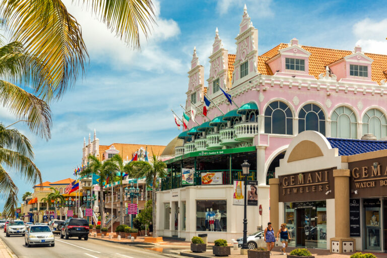 Oranjestad: Lloyd G. Smith Boulevard on a summer day. This main thoroughfare in the city has recently become an important shopping area.