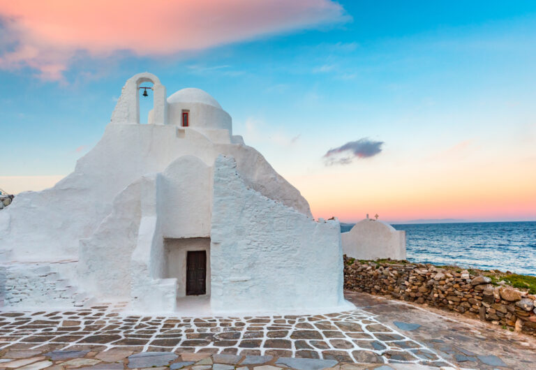 Church of Panagia Paraportiani at sunrise, the most famous architectural structures in Greece, on the island Mykonos, Greece