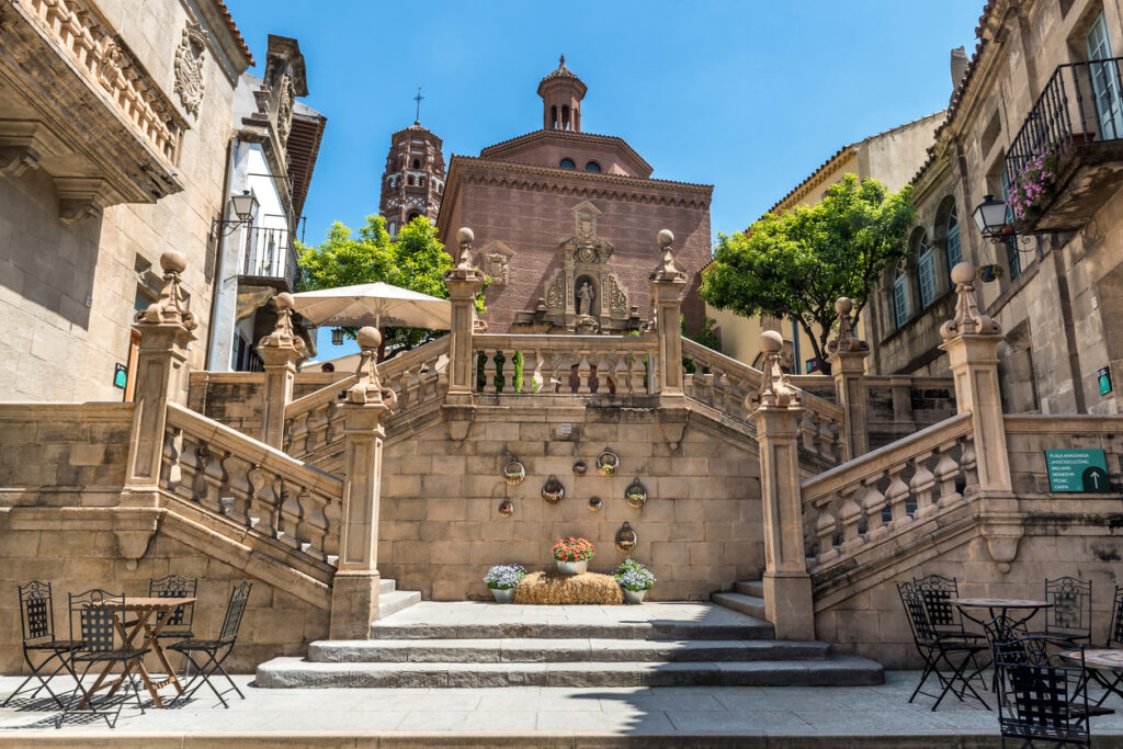 Vintage stairs in Spanish village (Poble Espanyol) museum open air in Barcelona. Spain.