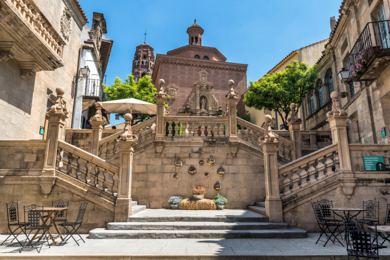 Vintage stairs in Spanish village (Poble Espanyol) museum open air in Barcelona. Spain.