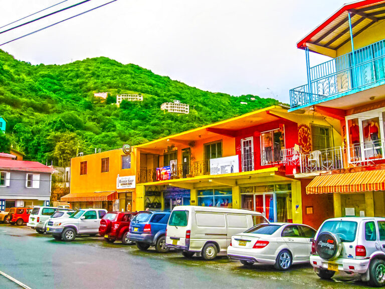 Street landscape in Road Town, Tortola with colorful buildings and a relaxed Caribbean city atmosphere