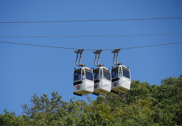 Cable cars rising above Charlotte Amalie Harbor on the Skyride to Paradise Point in St. Thomas