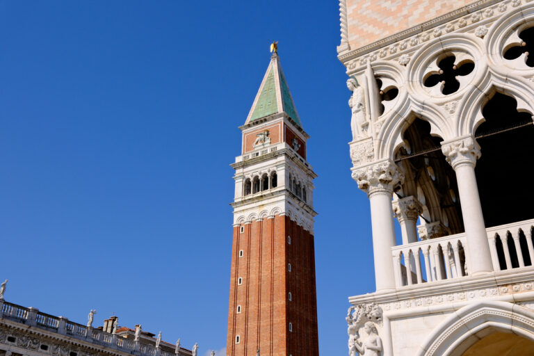St Mark's Campanile in Venice with marble detailing of Doge's Palace