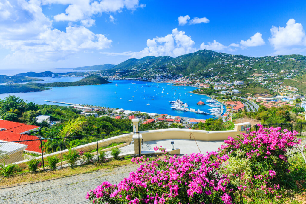 scenic view of St. Thomas with turquoise water, green hills, and Caribbean islands in the distance