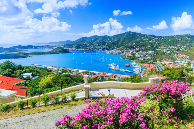 scenic view of St. Thomas with turquoise water, green hills, and Caribbean islands in the distance