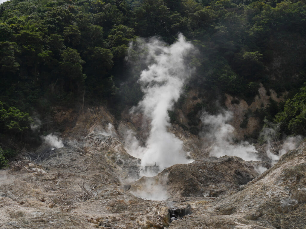 Volcanic steam vents and mineral pools at Sulphur Springs near Soufrière in St. Lucia.