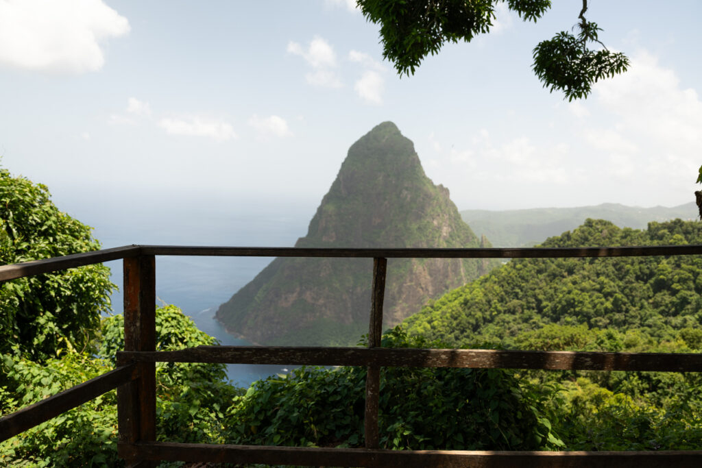 Panoramic view of the Pitons and coastline from the Tet Paul Nature Trail in St. Lucia.