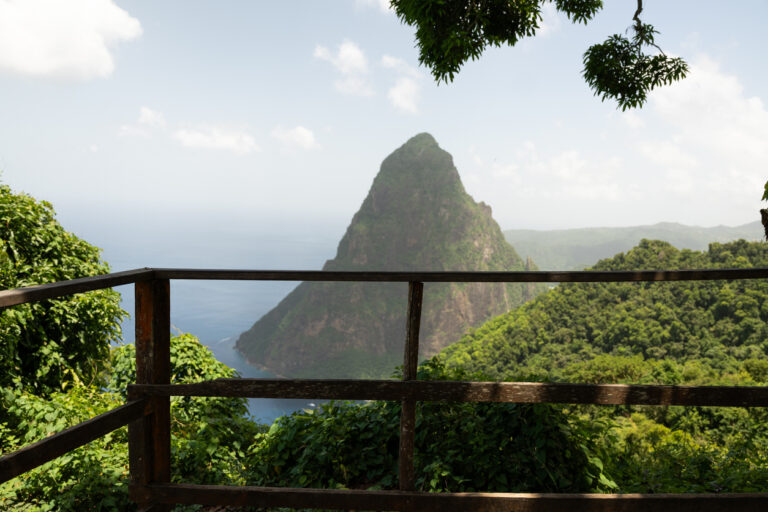 Panoramic view of the Pitons and coastline from the Tet Paul Nature Trail in St. Lucia.