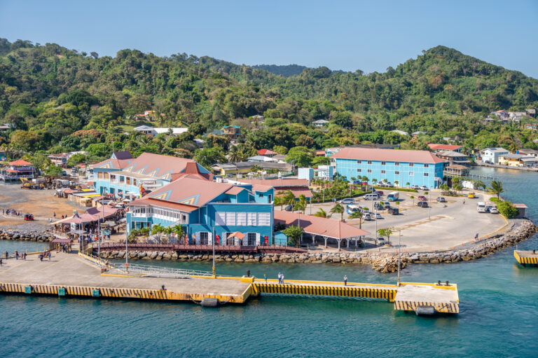 Scenic coastline of Roatán, Honduras, featuring turquoise water, lush hills, and tropical Caribbean views.