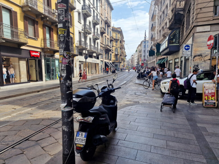 Historic street scene on Via Torino near the Pinacoteca Ambrosiana in Milan, Italy